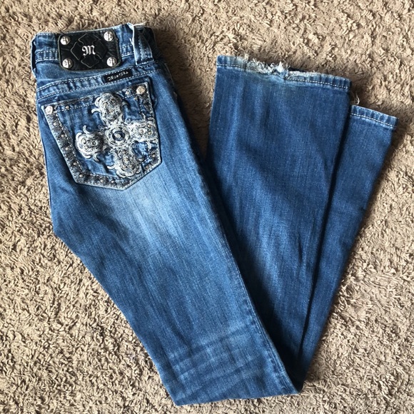 Miss Me Denim - Miss Me Medium Wash Boot Cut Crystal Bling Silver Cross Jeans 25